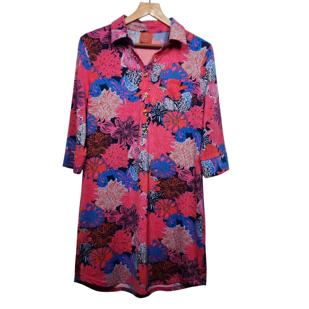 Tracy Negoshian Pink Floral Button Up Collared Dress Size Large